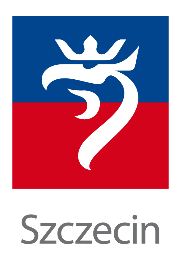 Logo Miasta Szczecin. Gryf na niebiesko czerwonym tle.